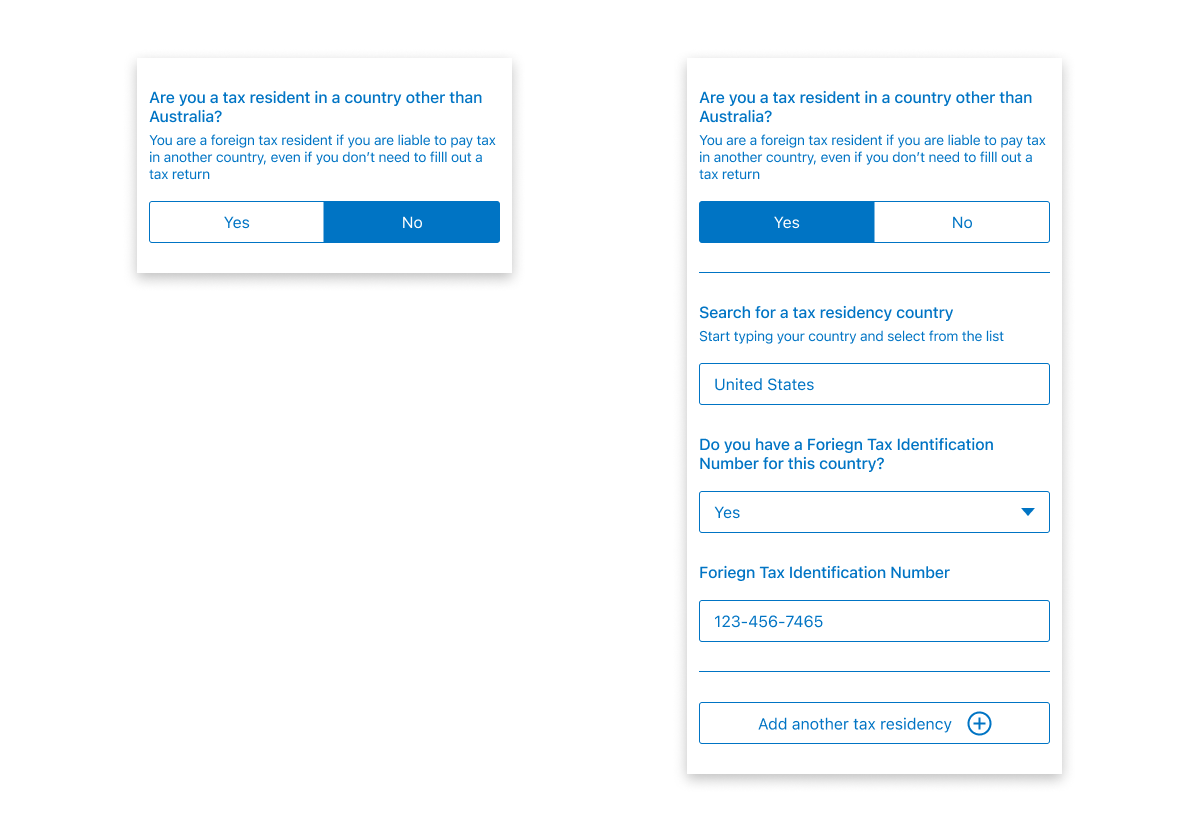 Two mobile screens showing two different states of a question flow. The first screen hiding further questions based on a previous answer, the second displaying them.