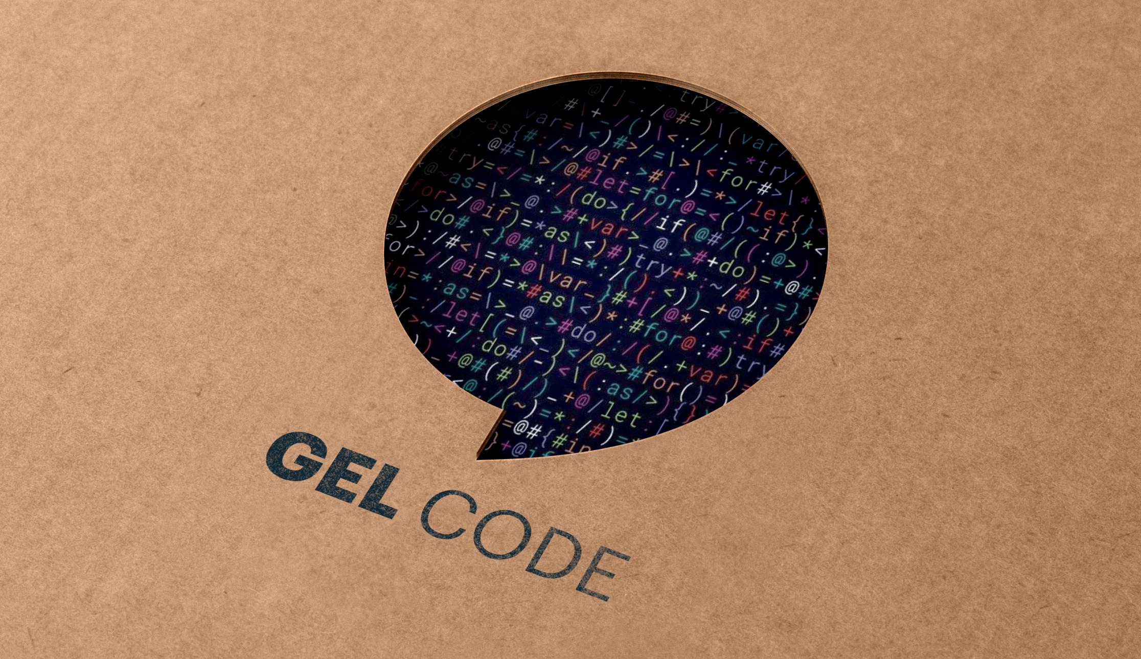 Image of a piece of cardboard with a shape cut out and printed code showing through from behind. The cardboard has the words GEL code printed on it.