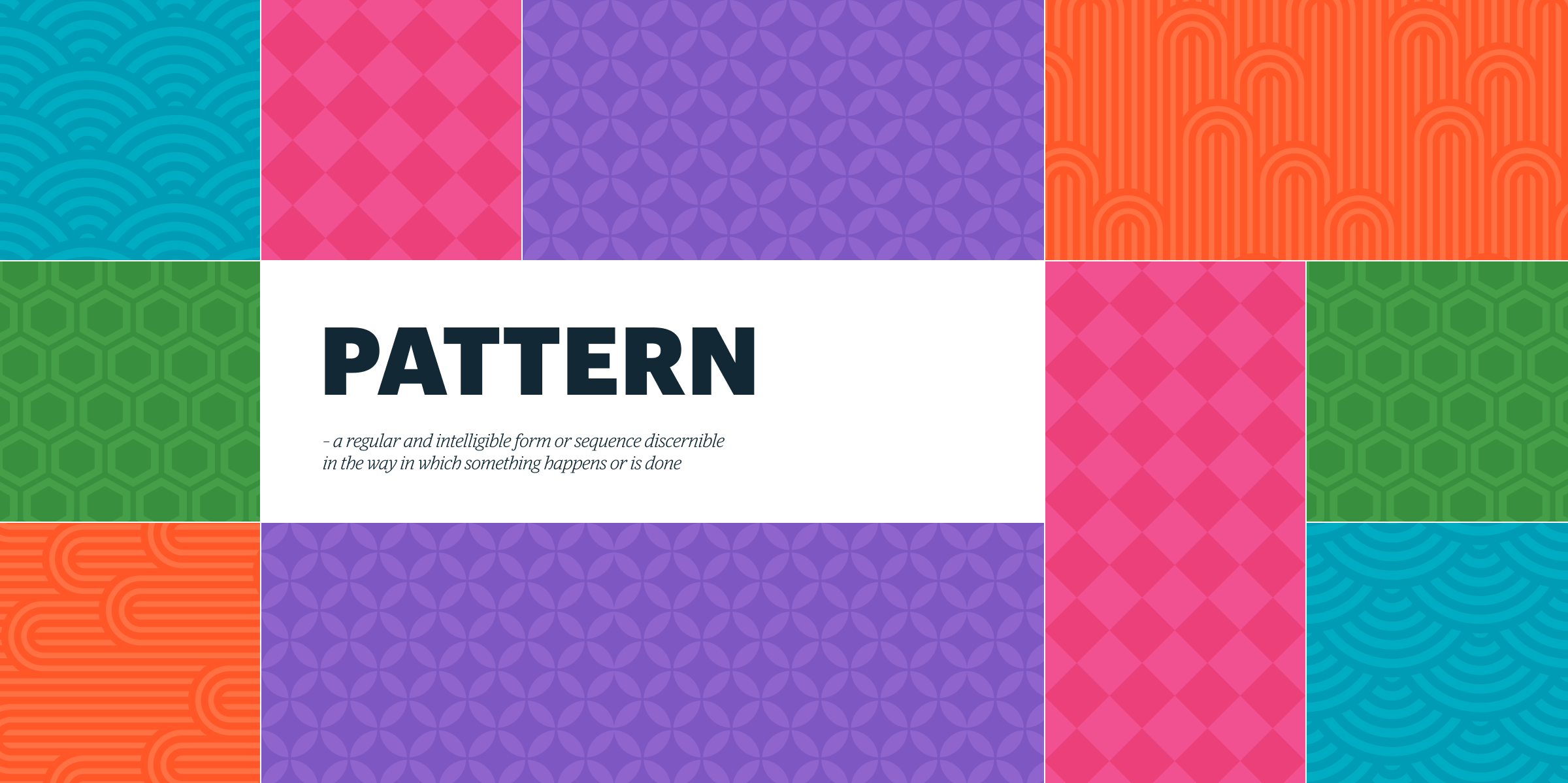 An image displaying different patterned panels and the words, Pattern - a regular and intelligible form or sequence discernible in the way in which something happens or is done.