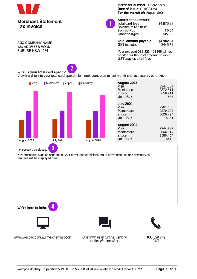 Sample merchant statement tax invoice page 1